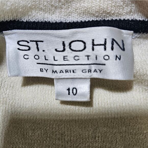ST. JOHN Striped Knit Sweater Cardigan Cream Black Stripes - Size 10 - Picture 8 of 8